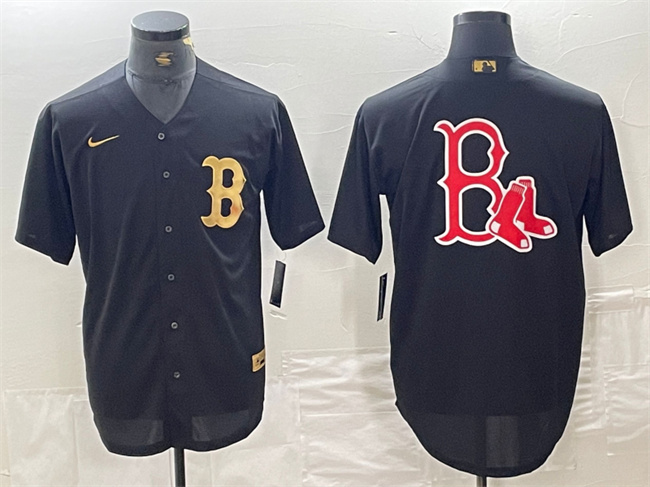 Men's Boston Red Sox Black Team Big Logo Cool Base Stitched Baseball Jersey